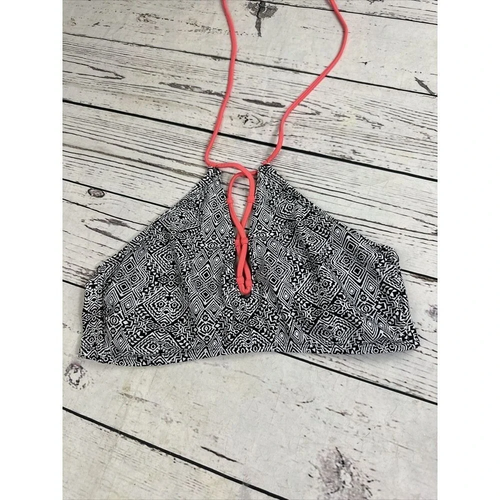 O'Rageous Womens Geometric Tribal Print Bikini Set Black White Coral Pink Large